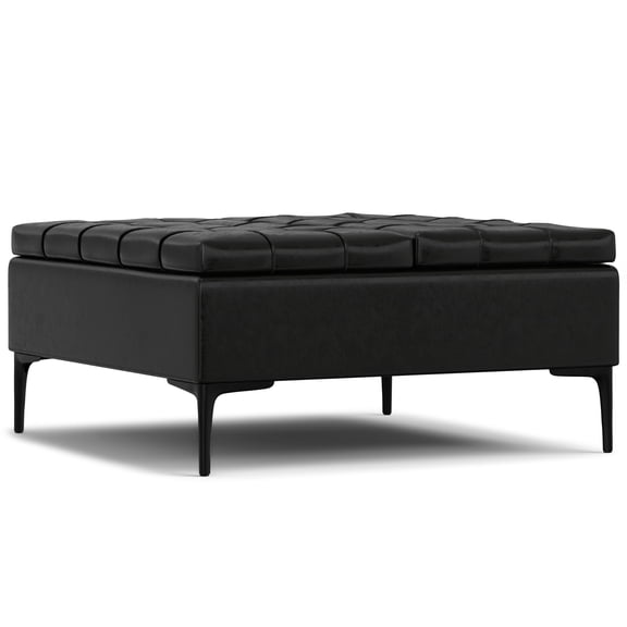 Laura 36 inch Wide Transitional Square Mid Century Lift Top Storage Ottoman in Midnight Black Vegan Faux Leather, Assembled
