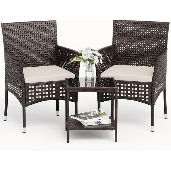 WLXIANG 3 Piece Patio Furniture Set Wicker Chairs with Coffee Table – Outdoor Rattan Conversation Set for Porch, Balcony, Backyard, Brown