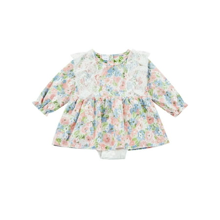 

Binpure Baby Girls Romper Short Sleeve Crew Neck Lace Patchwork Flower Print Party Princess Dress