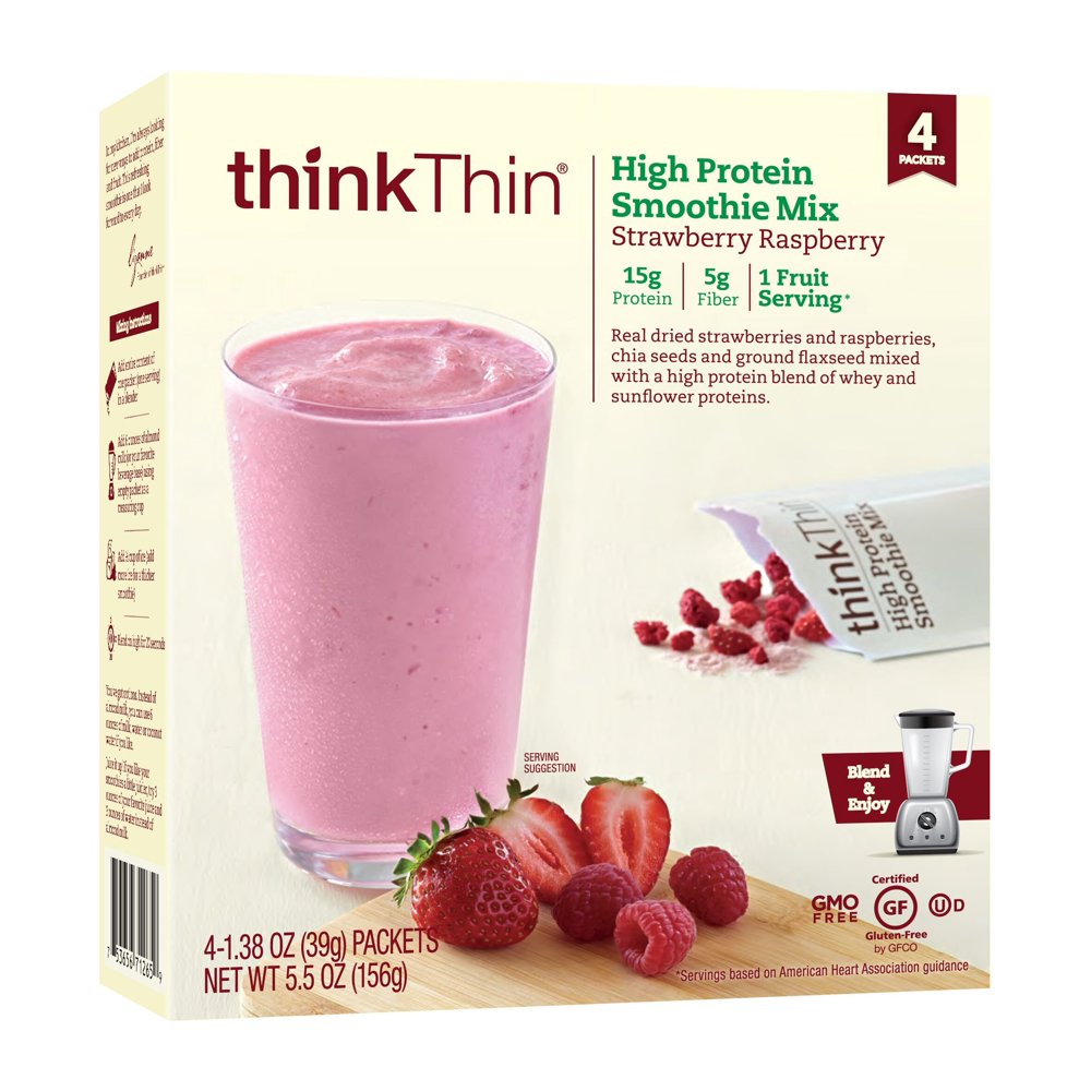 thinkThin High Protein Smoothie Mix, Strawberry Raspberry, 1.38 Oz, 4
