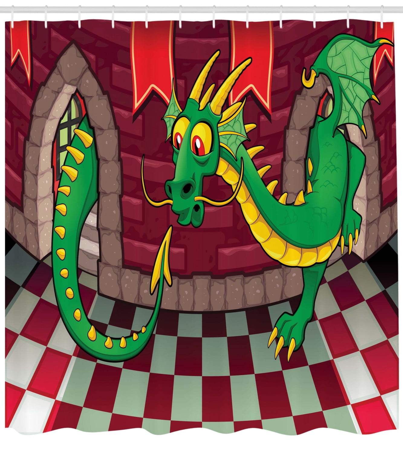Cartoon Shower Curtain Video Game Design Inside The Castle With Dragon Fantasy World Medieval Illustration Fabric Bathroom Set With Hooks Ruby Green By Ambesonne Walmart Com Walmart Com
