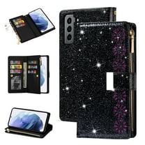 Dteck Galaxy S21  Wallet Case, Bling Sparkle Glitter PU Leather Magnetic Flip Case with Credit Card Slots/Hand Strap for Samsung Galaxy S21 Plus, Black