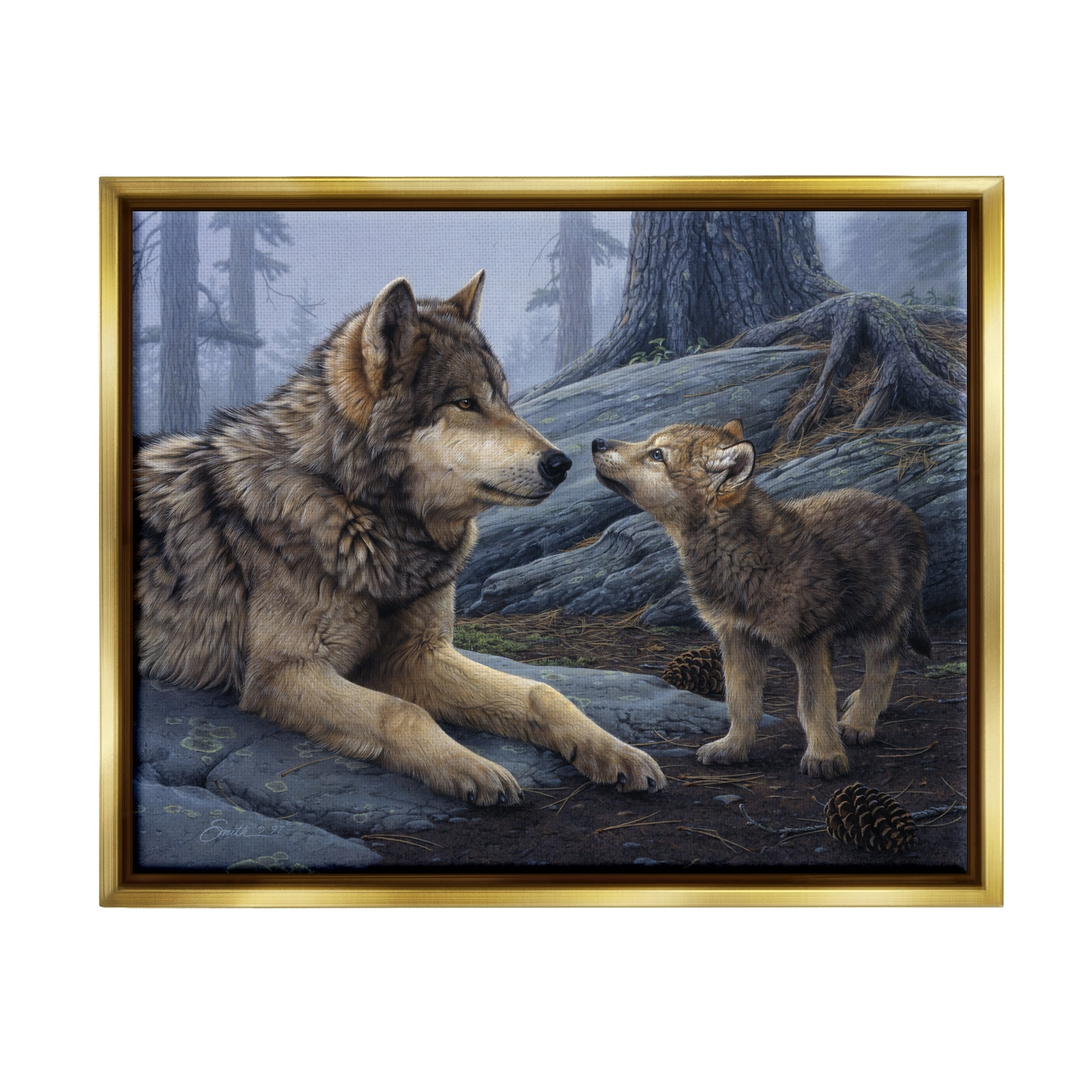 Stupell Industries Wolf & Cub Woodland Forest Animals & Insects Painting Gold Floater Framed Art Print Wall Art