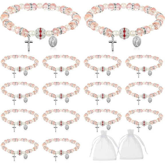 Dalrosia 12PCS Beaded Stretch Rosary Bracelet with Mesh Bags Catholic Bracelets for Women Girls Religious Rosary Bead Bracelet Crucifix Medal Catholic