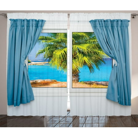 House Decor Curtains 2 Panels Set, View From Window With A Curtain Tropical Beach Sunlight Horizon Palm Ocean, Living Room Bedroom Accessories, By