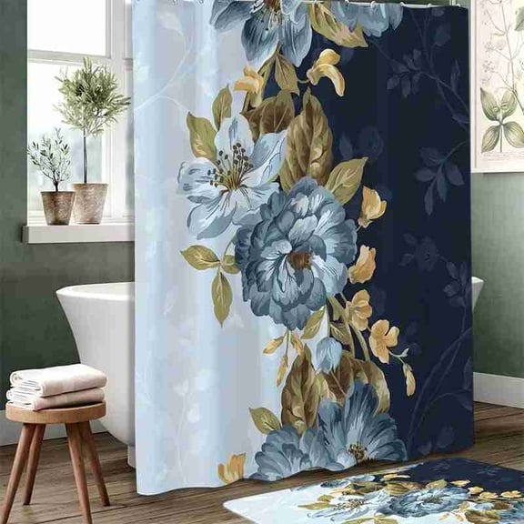 70x70 inch Navy and White Two-Tone Floral Shower Curtain, Waterproof Polyester Fabric with Hooks for Bathroom Decor