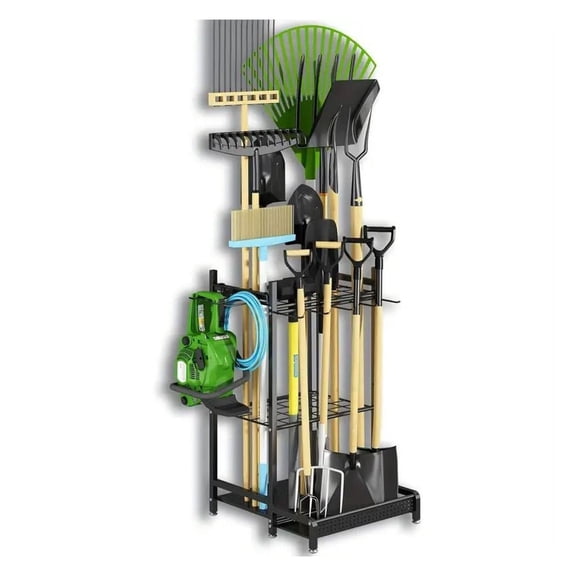 Heavy Duty Garden Tool Organizer Rack with – Metal Yard Storage Stand for Long-Handled Tools Brooms Shovels Rakes – Durable Outdoor Tool Holder in Black for Garage Shed or Store Display