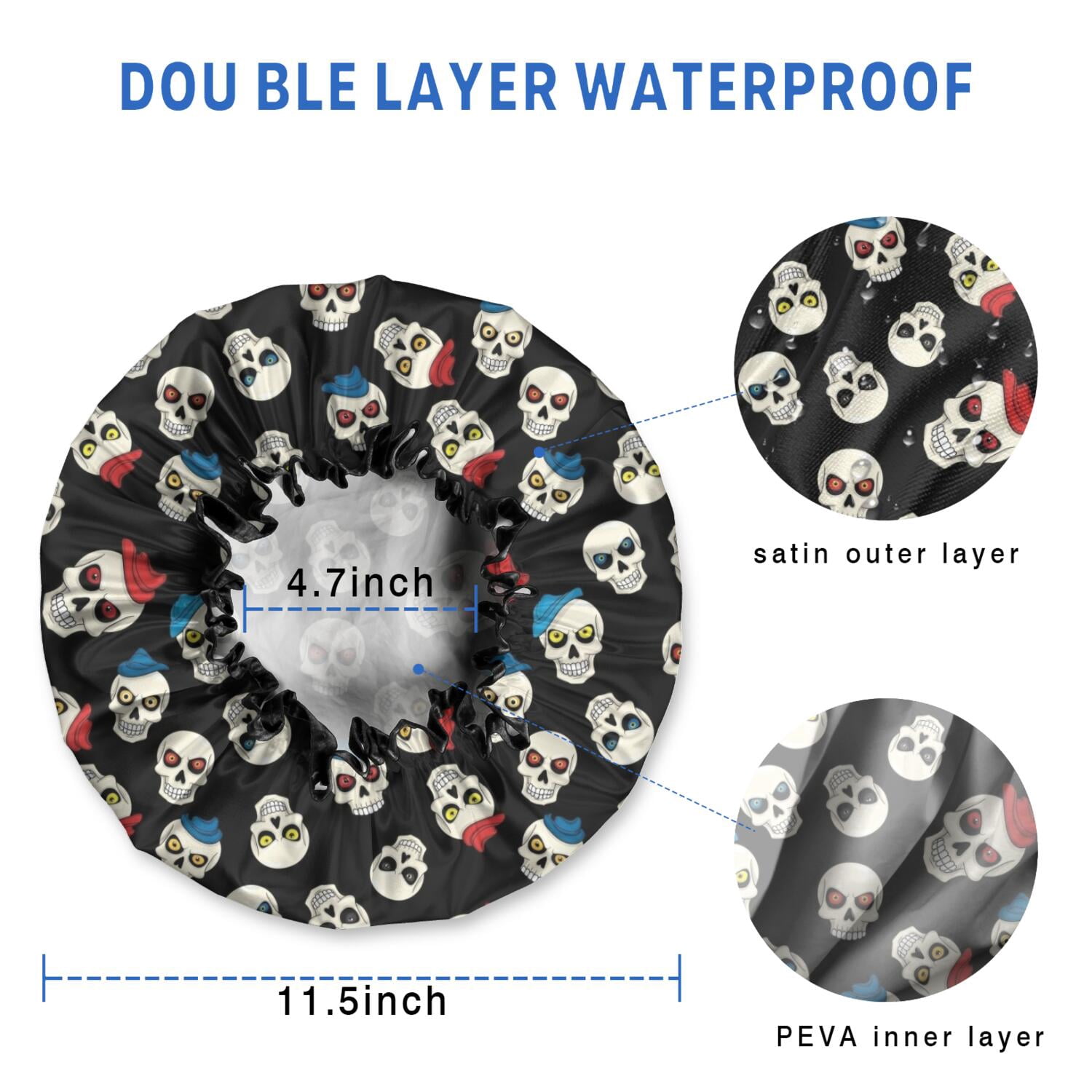 Shower Caps,Black Cartoon Skull Pattern Waterproof Shower Cap for Women 4 Pieces,Double Reusable Hair Cover for Shower PEVA Elastic Stretch Hem