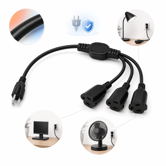 1.6 FT Extension Cord 1 to 3 Splitter, 10A 125V 1250W, 18AWG 3-Prong Heavy Duty Power Cord Splitter for Home Office, Computer, Monitor and TV
