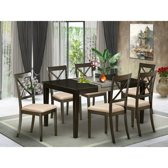 East West Furniture  7 Piece Modern Table Set- a Rectangle Wooden Table and 6 Dining Room Chairs, Cappuccino (Seat Type Options CABO7S-CAP-C