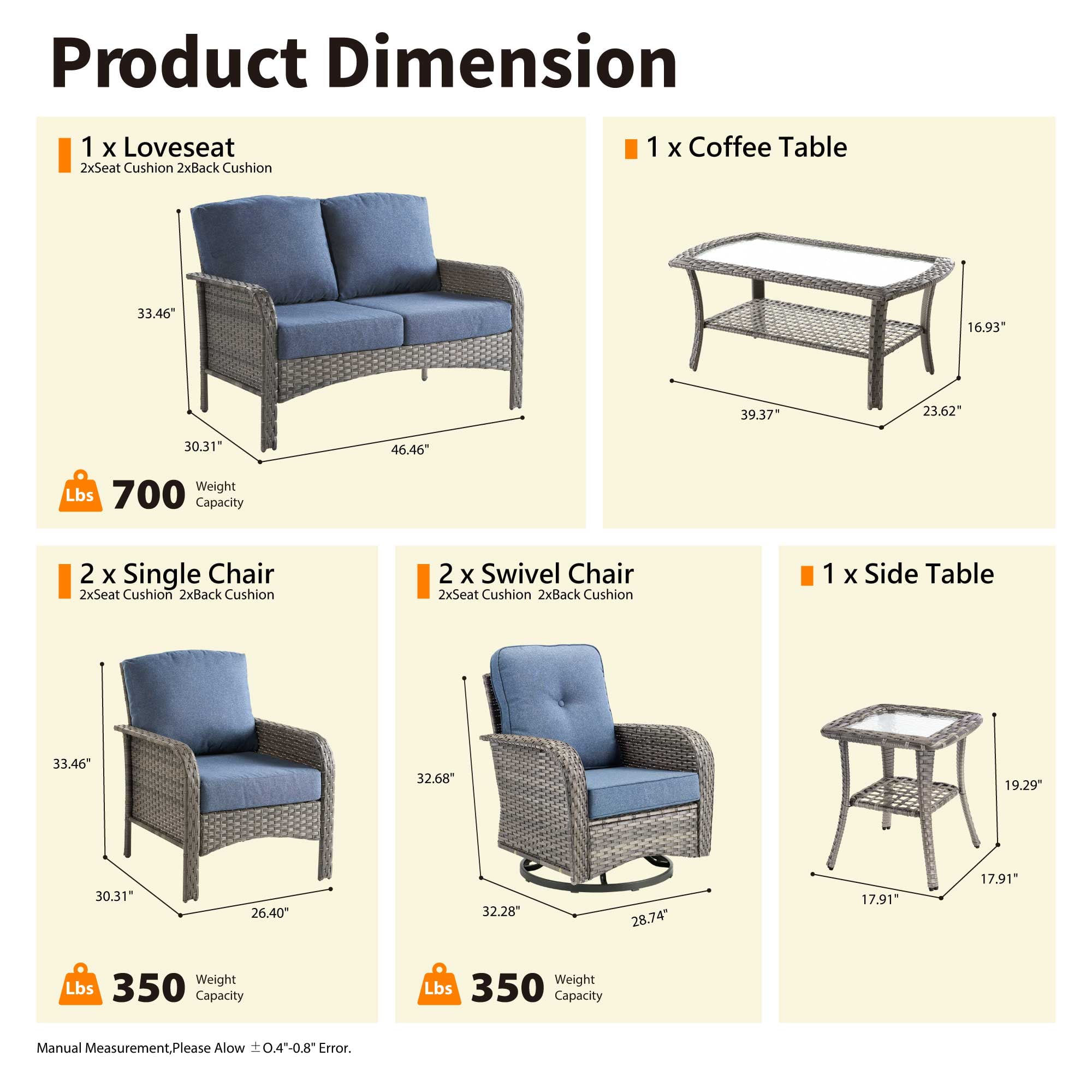 Toject Patio Furniture Set, 7 Pieces Outdoor Furniture Wicker Patio Conversation Set with Swivel Chairs, High Back Outdoor Chairs Loveseat for Backyard, Garden, Denim Blue
