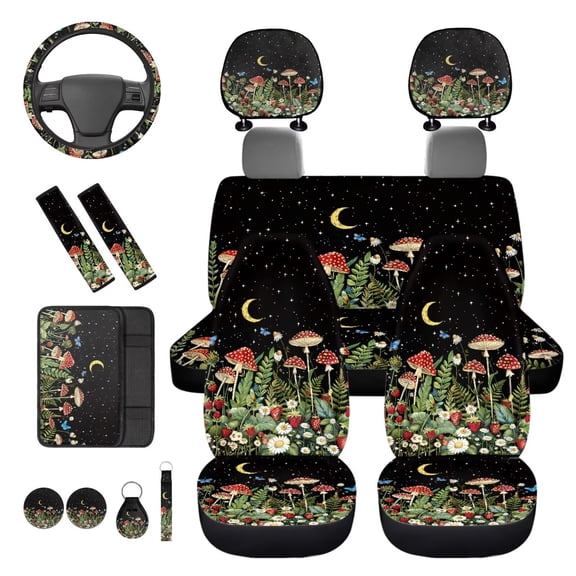 KUIFORTI Mushroom Forests 14 Pcs Automobile Seat Covers Full Set Car Seat Belt Pad Cover Steering Wheel Cover Seats Belt Pads Car Interior Automotive Fit for Cars SUV Sedans