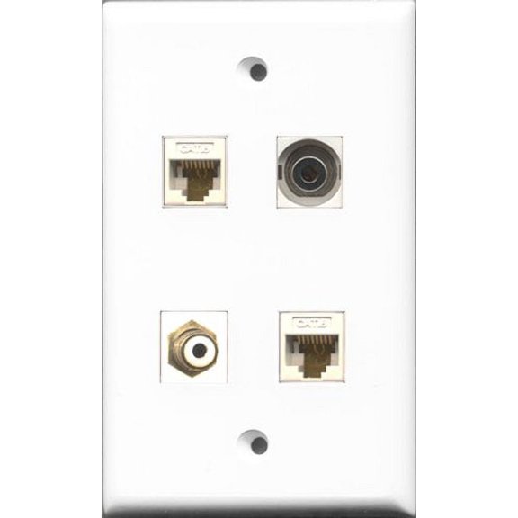 RiteAV 1 Port RCA White and 1 Port 3.5mm 2 Port Cat6 Ethernet White Wall Plate