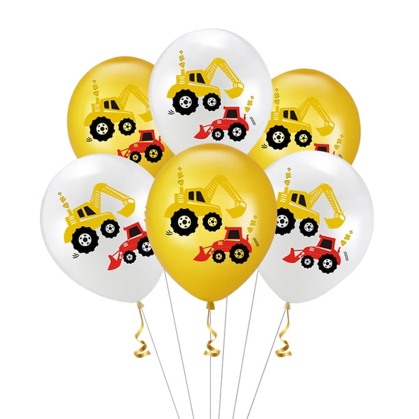 Juego de 20 globos de látex de 30 cm con diseño de vehículos de construcción, ideal como recuerdo de boda, cumpleaños o fiesta (blanco y amarillo).