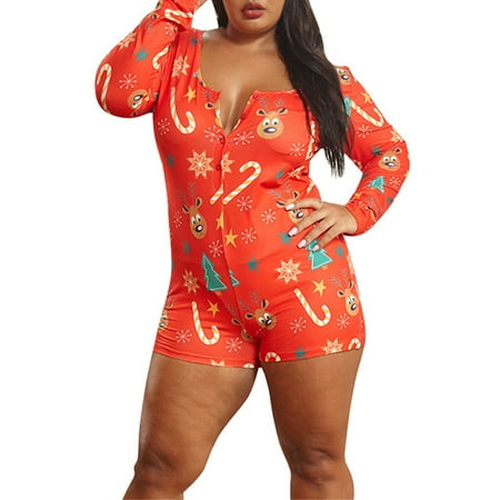 

Diconna Women s Pajamas Romper Long Sleeve Button Front Deep V Neck Christmas Print Short Jumpsuit