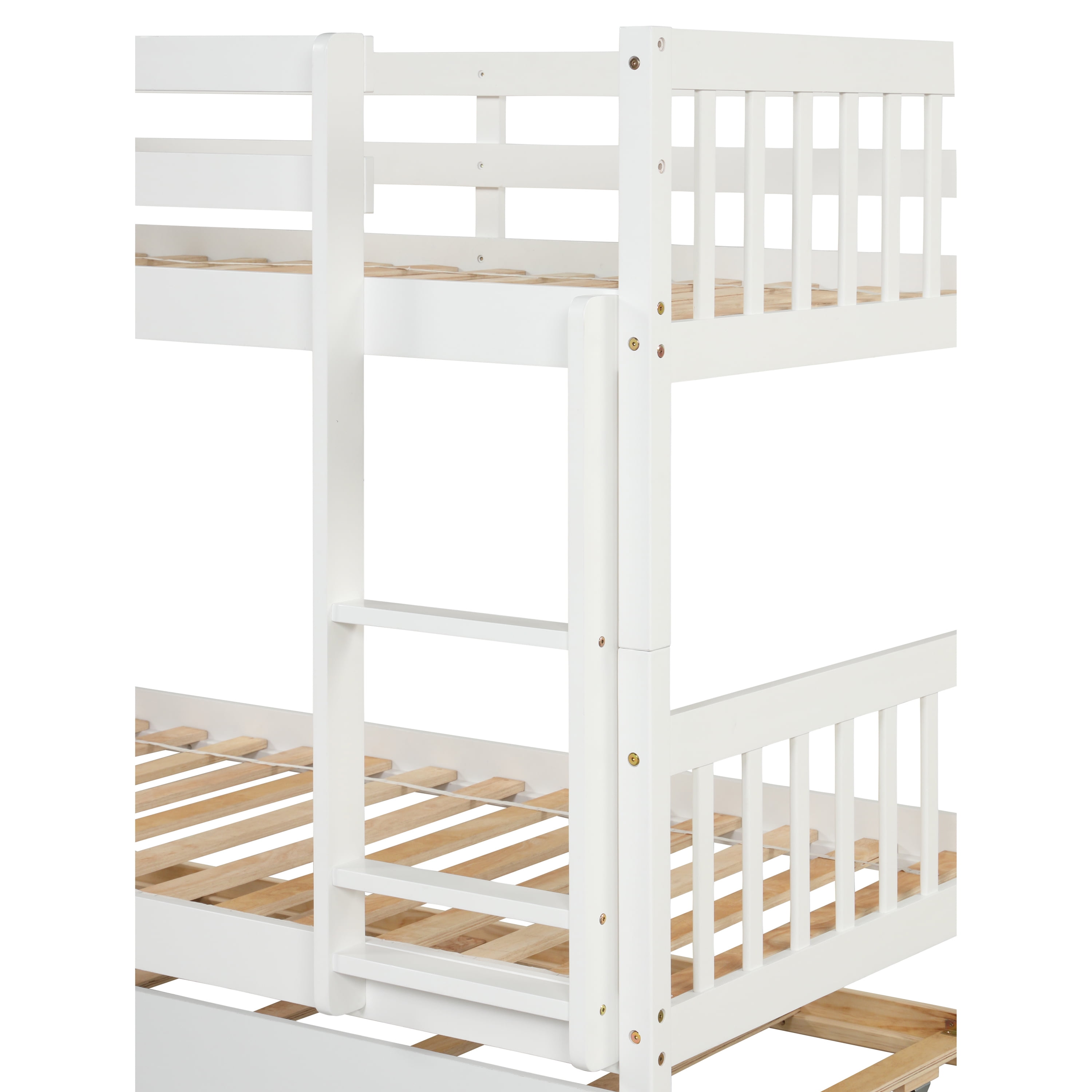 Private Jungle Twin Over Twin Bunk Beds with Trundle,Solid Wood Trundle Bed Frame with Safety Rail and Ladder,Can Be converted into 2 Beds,White