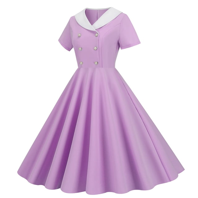 Robes pour Femmes Commerce Extérieur Col en V Manches Courtes Rétro Double Boutonnage Robe Maxi Violette TG