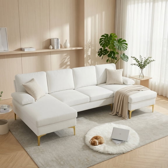 99.5" U-Shaped Sectional Sofa with Double Chaise, 4-Seat Cream White Couch