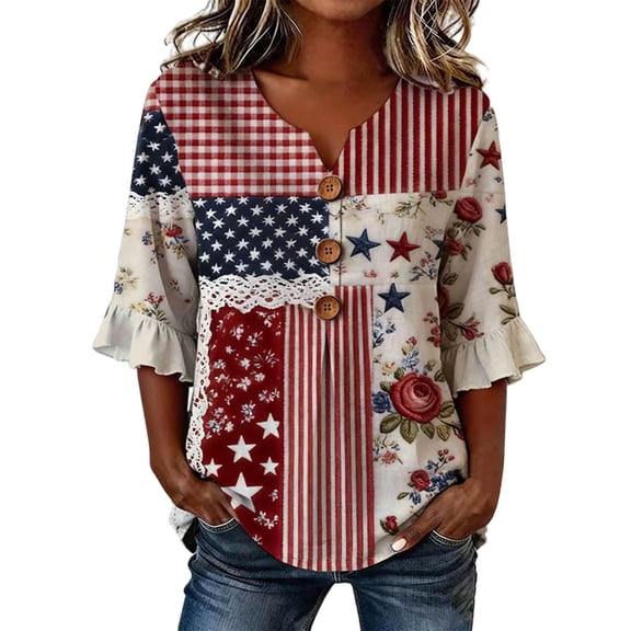 Wang6 Womens 250th Anniversary USA Shirts America Flag Printed Half Sleeve V Neck T-Shirts Plus Size Loose 4th of July Button Tops Independence Day Patriotic Graphic Tees 0528liRed1 XL