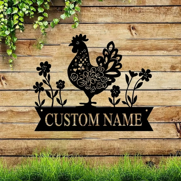 Custom Chicken Flower Metal Sign Personalized Farm Hen Chick Rooster Metal Name Sign Plaque Farmhouse Outdoor Wall Decor
