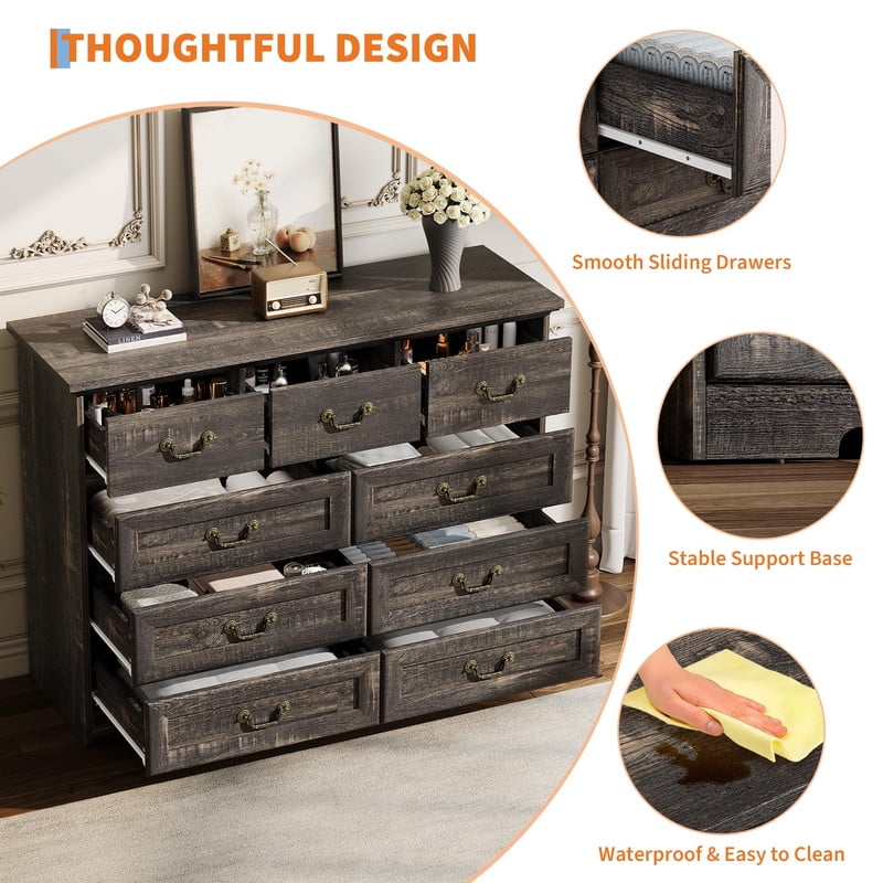 TROPOW Vintage 9 Drawer Dresser for Bedroom, 47" Wide Chest of Drawers with Natural Wood Texture, Wooden Storage Organizer for Closet, Living Room, Hallway,Gray