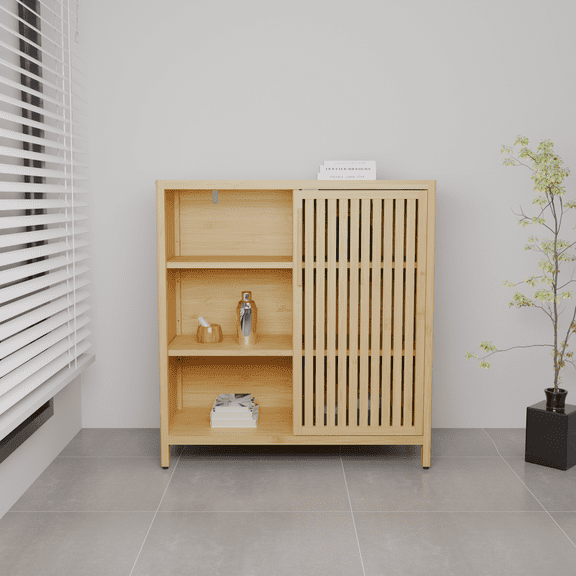 Yoneston Bamboo Shelf Storage Cabinet with Single Door, Home Office 3-Tier Open Shelves for Entryway, Bathroom, Living Room Natural