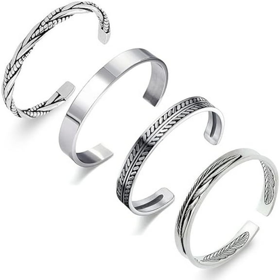 4Pcs Stainless Steel Cuff Bracelets for Men, 316L Surgical Grade Hypoallergenic, Vintage Leaf & Geometric Patterns, Adjustable Wristbands for Daily Wear & Gift Giving