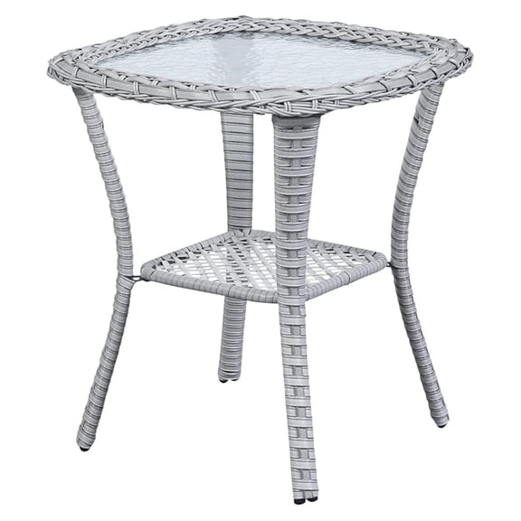 Patio Tables Wicker Side Table - Rattan Coffee Table with Glass Top End Tables for Outdoor Outside Patio Porch Square Light Grey