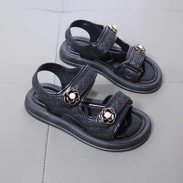 Sandalias informales simples de verano para niñas, decoraciones florales, zapatos de playa con punta abierta, zapatillas, calzado plano versátil, calzado para niños