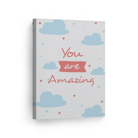 Smile Art Design You are Amazing Lettering Blue Clouds White Background Canvas Wall Art Print Kids Room Decor Baby Room Decor Nursery Art Nursery Decor Ready to Hang Made in the USA 12x8