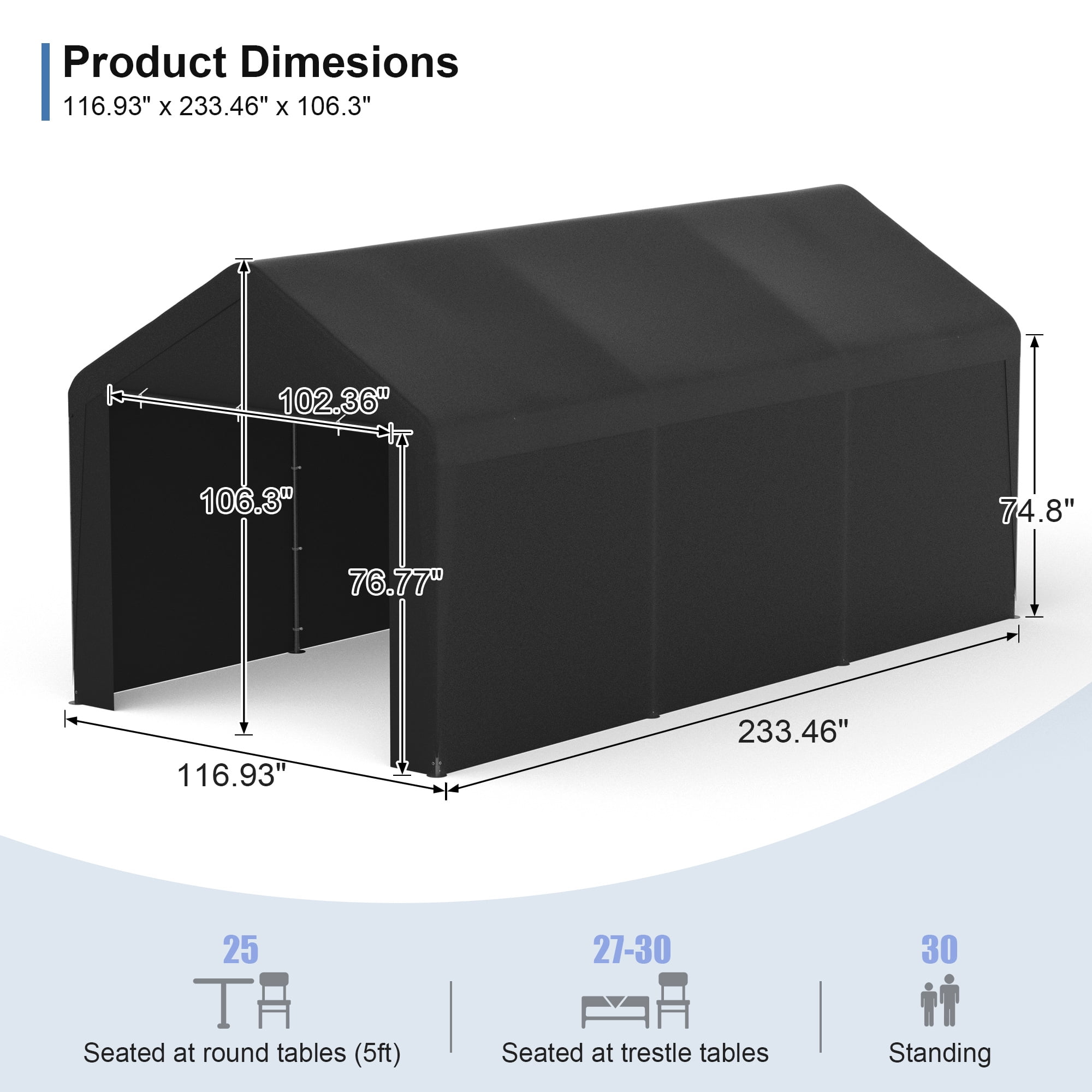 GOJOOASIS 10' x 20' Heavy Duty Carport Storage Shelter Car Canopy Tent with Side Walls, Black