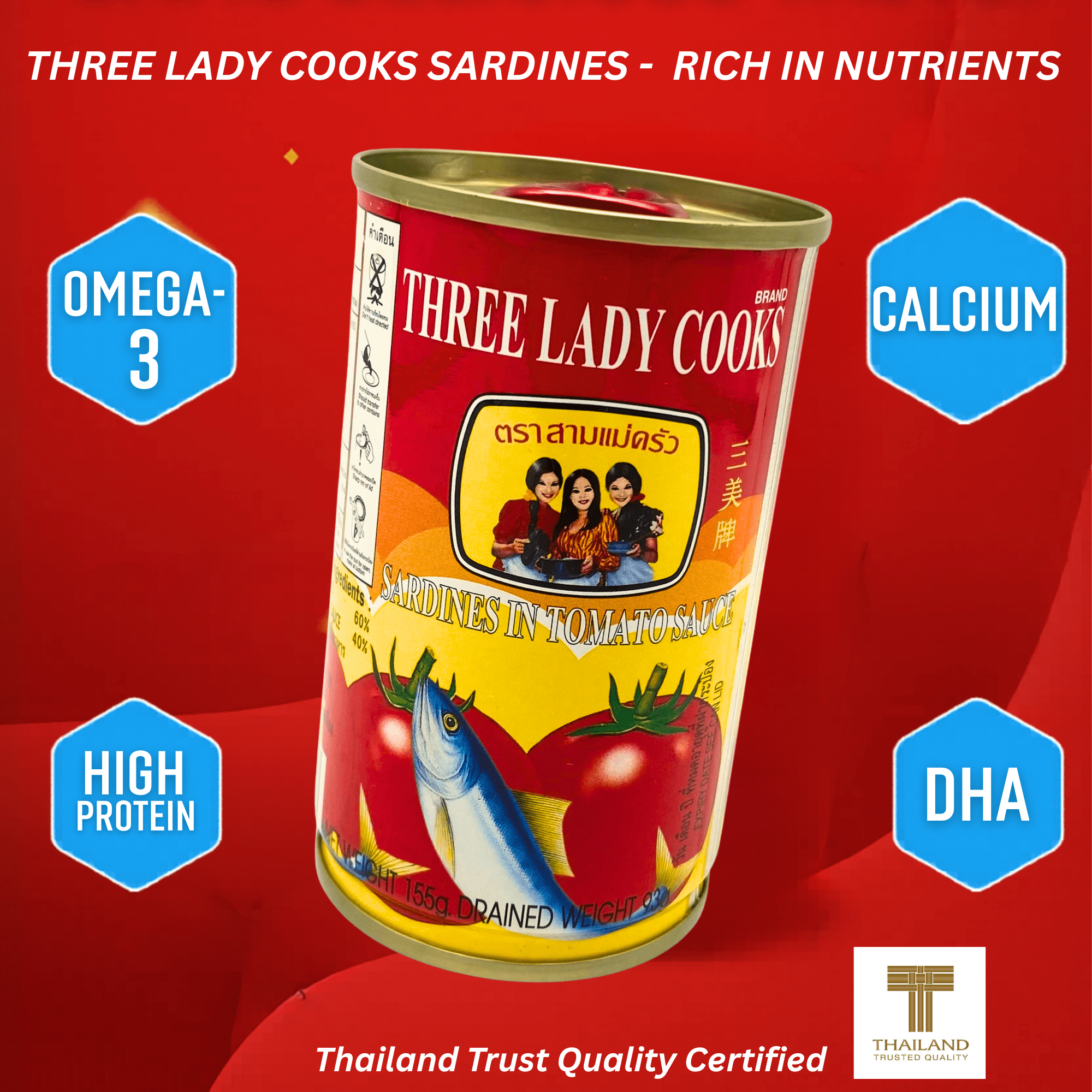 (10 pack) THREE LADY COOKS Canned Sardines in Tomato Sauce, 5.47 oz, Wild Caught Sardines, Ready-to-Eat Thai Canned Seafood