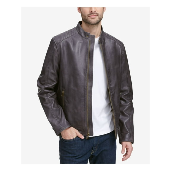 COLE HAAN Mens Black Single Breasted, Faux Leather Zip Up Jacket M