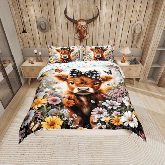 Erosebridal Cute Highland Cow Comforter Cover Twin, Colorful Garden Flower Bedding Twin Size, Reversible 2 Pieces (No Comforter)