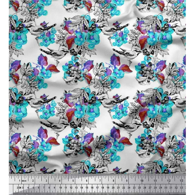 Soimoi Poly Georgette Fabric Berries,Floral & Bird Print Sewing Fabric Yard 52 Inch Wide