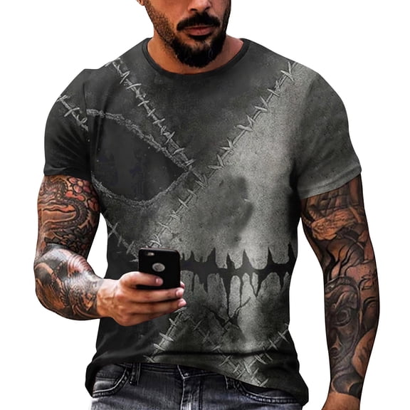 Men's Halloween Skull Patchwork Graphic T-Shirt Crew Neck Short Sleeve Casual Streetwear Top