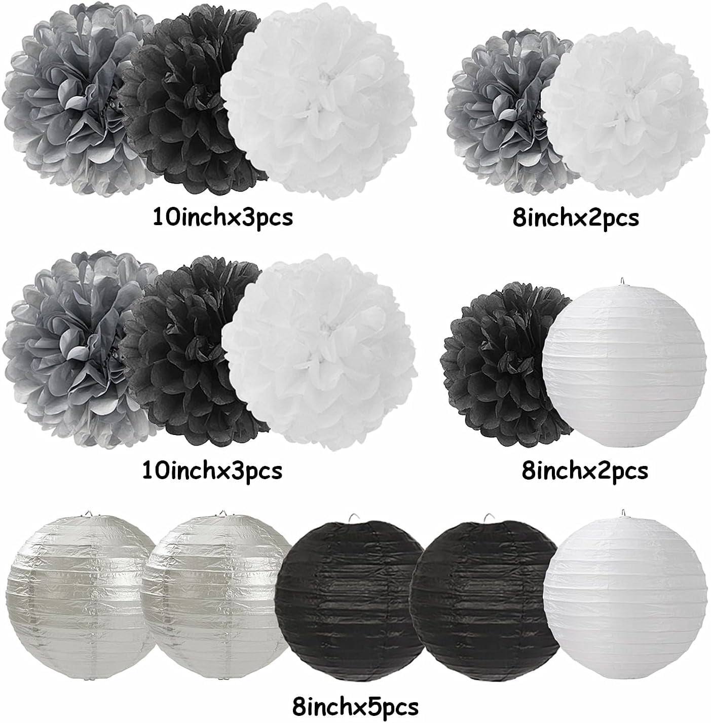 Black White Silver Party Decorations Paper Flowers Lanterns 15PCS Tissue Pom Poms Streamers for Birthday Halloween Wedding Baby Shower Bachelorette Hanging Supplies Decor