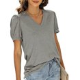 thumbnail image 2 of Camiseta de manga soplada para mujer, blusa de manga corta con cuello en V, informal, holgada, de Color puro, para citas, 2 of 5