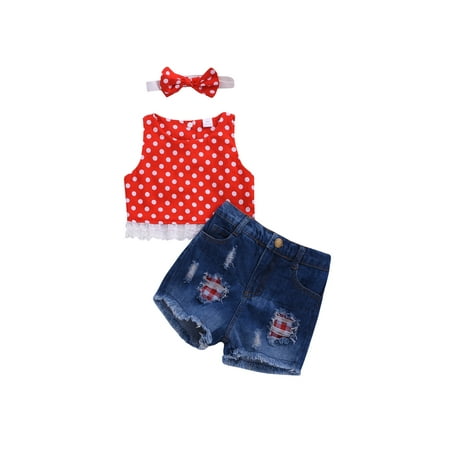

Carolilly Girl’s Polka Dot Vest and Ripped Denim Short Pants with Headband