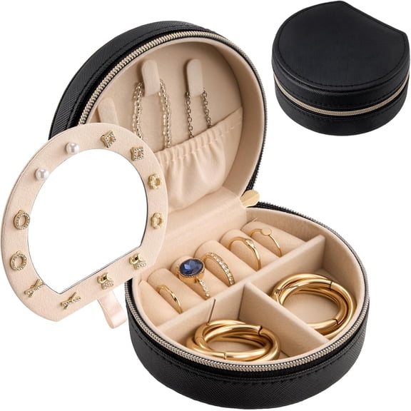 Procase 2 Layer Mini Portable Seashell-Shaped Jewelry Case with Mirror -Black
