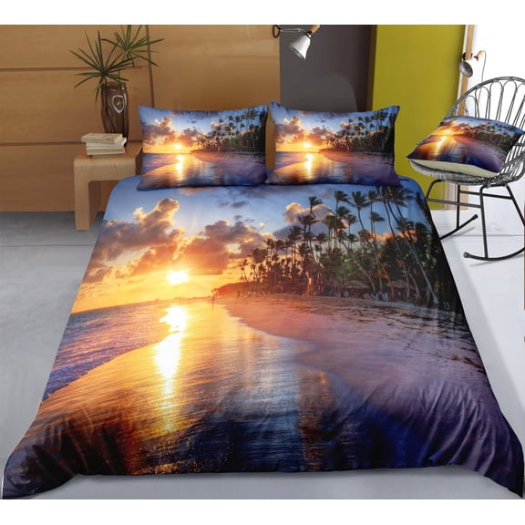 YJHDM Soft Beach Scenery Bedding Set 3D Summer Cool Printed Down Duvet Cover Pillowcases 2/3pcs
