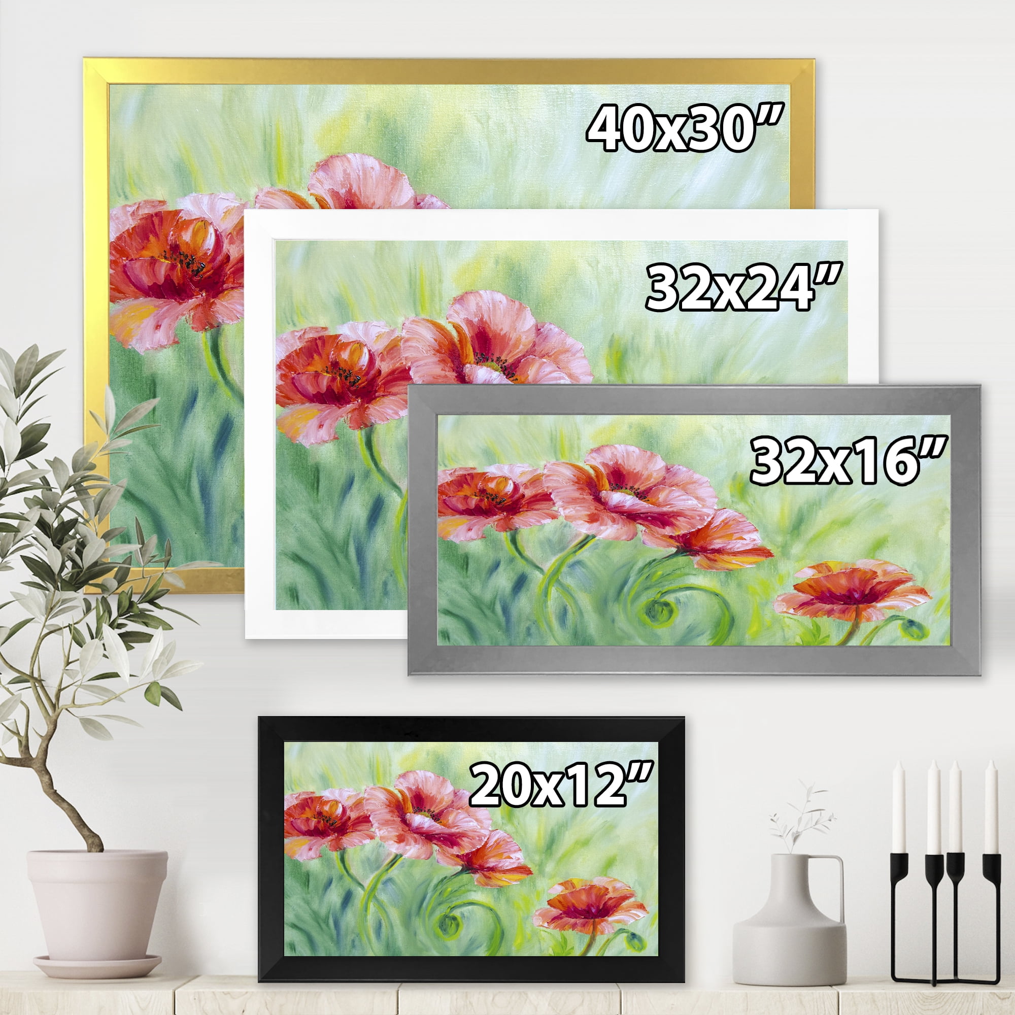 Designart 'Red Blossoming Poppies Over Wild Green II' Traditional Framed Art Print