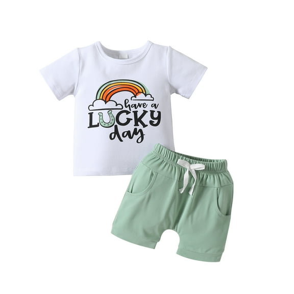 Elippeo Toddler Boys 2 Piece Outfits 3M 6M 12M 18M 24M 3Y St Patricks Day Letter Rainbow Print Short Sleeve T-Shirt and Elastic Shorts for Summer Clothes Set