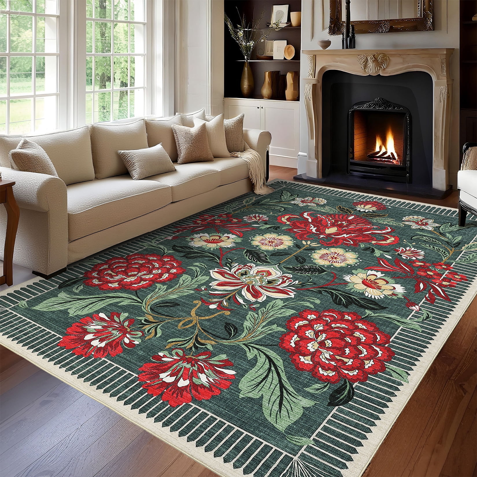 HOMERRY Large Modern 8' x 10' Area Rug for Living Room Washable Gray Green Floral Pattern Indoor Carpet