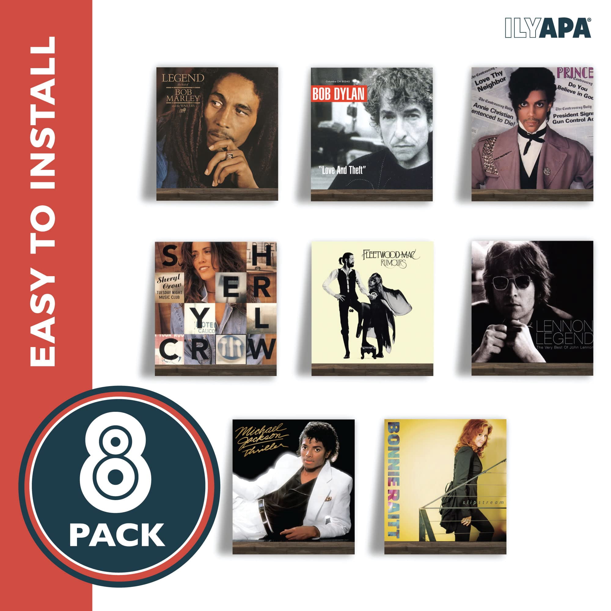 Ilyapa Wood Vinyl Records - 8 Pack Espresso Vinyl Wall Mount Record Shelf to Display Your LP - Record Album Holder for Display & Storage