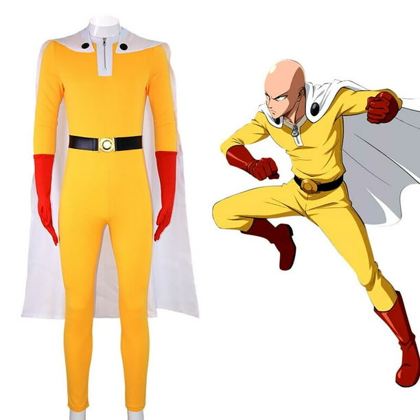 Disfraz de Anime de ONE PUNCH-MAN, mono amarillo de Saitama con capa blanca, conjunto de mono de superhéroe para Halloween