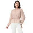 thumbnail image 4 of Women's Long Sleeve Blouse with Ruffle Neckline and Cinched Waist Detail - Large, Beige, 4 of 6