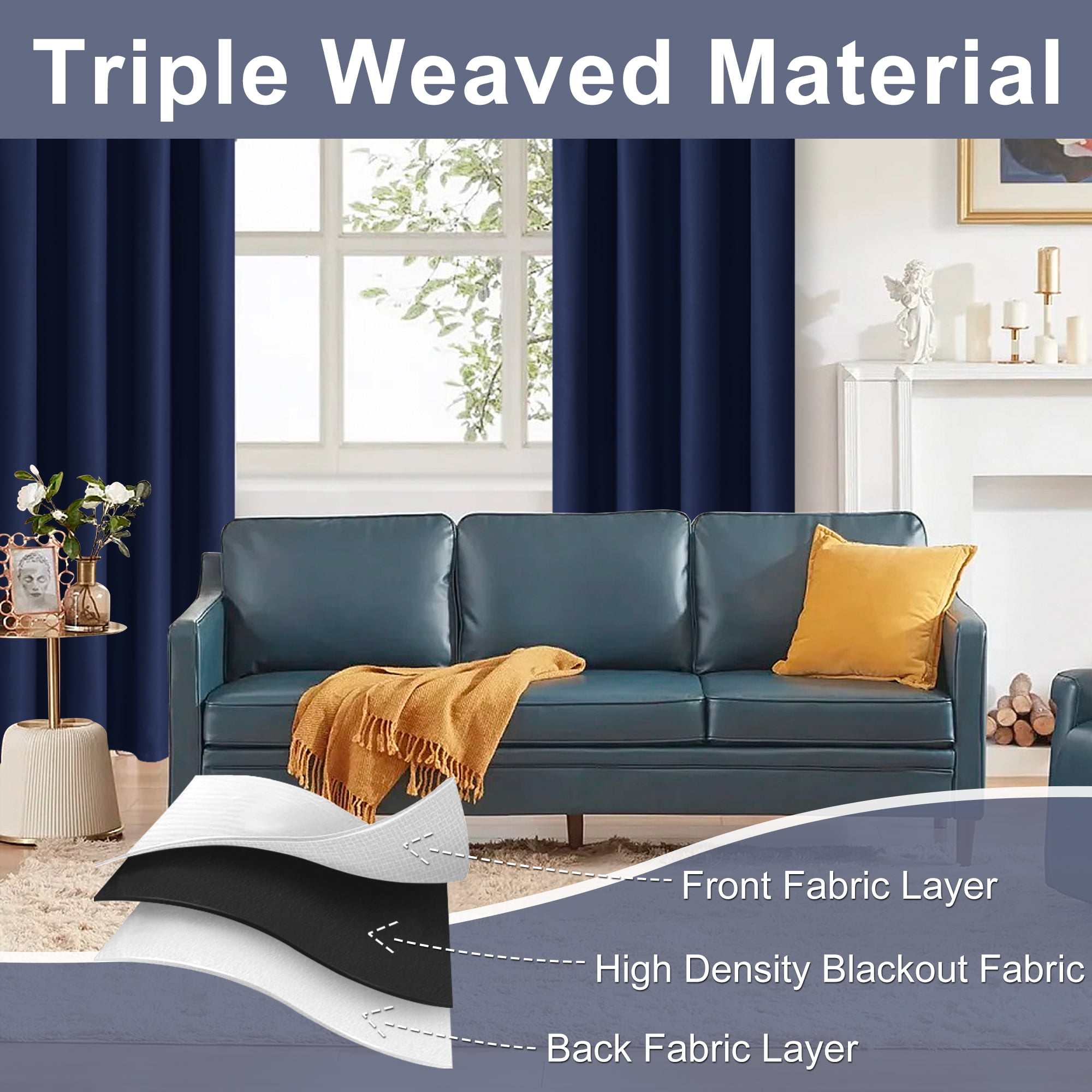 JIUZHEN Blackout Curtains for Bedroom, Thermal Insulated Rod Pocket Room Darkening Curtains for Living Room, Navy Blue, 42 x 63 inch, Set of 2 Drapes