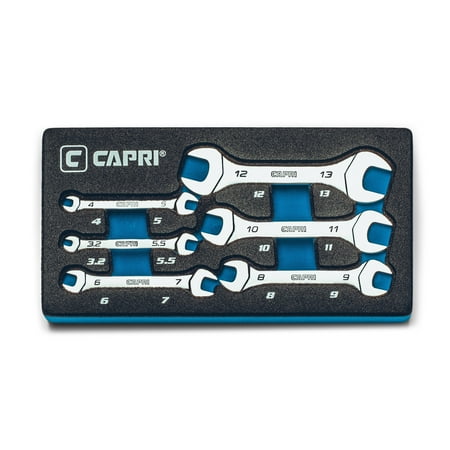 UPC: 0886352118309 | Capri Tools Slim Mini Open End Wrench Set  Metric  3.2 to 13 mm  6-Piece