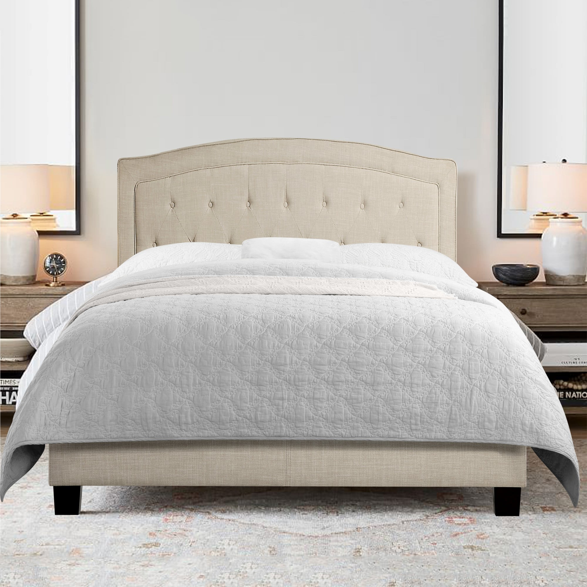 Gewnee King Size Beige Linen Upholstered Bed Frame, Solid Wood Slat Support & Sturdy Structure, Ideal for Bedroom, Box Spring Required